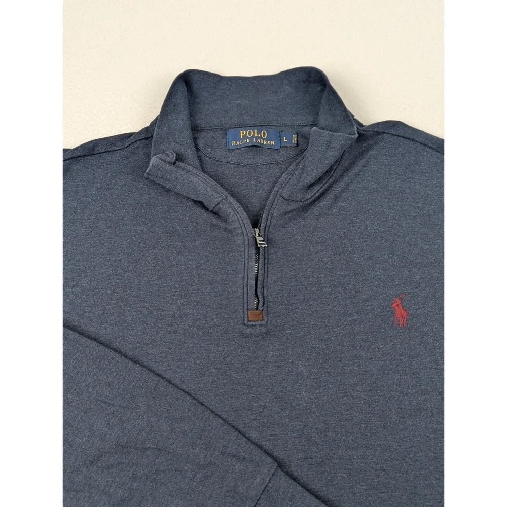 Polo Ralph Lauren Mens Large Navy Blue Heather Quarter Zip Cotton Pullover Logo